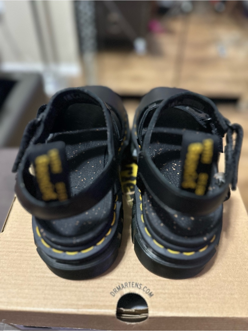 Dr. Martens Women’s Black Leather Triple-Strap Sandals with Yellow Stitching - Picture 3 of 7